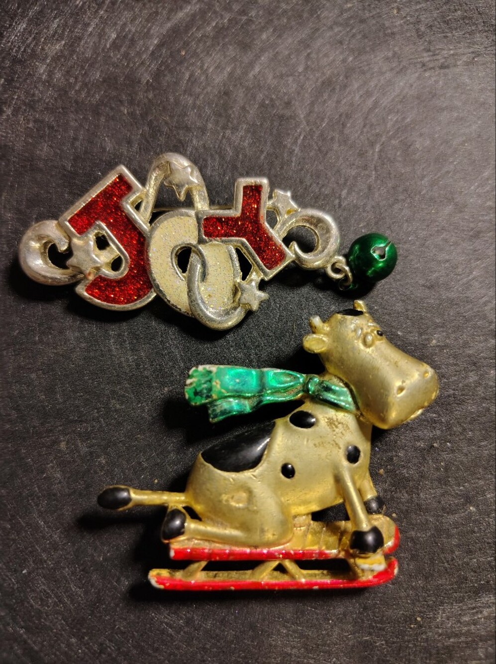 Vintage Christmas Brooch Pin Lot AJC Sledding Cow OTC Glitter Joy Bell